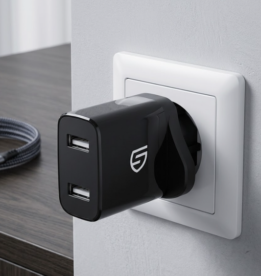 555 X BRAND NEWSTK PLUG 2 DUAL USB 3PIN PLUG, 2 X 2.4A, BLACK