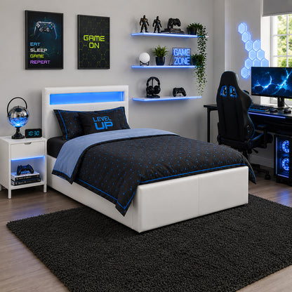 LED GAMING OTTOMAN BED SINGLE WHITE STORAGE BED FRAME WITH RGB LIGHT HEADBOARD