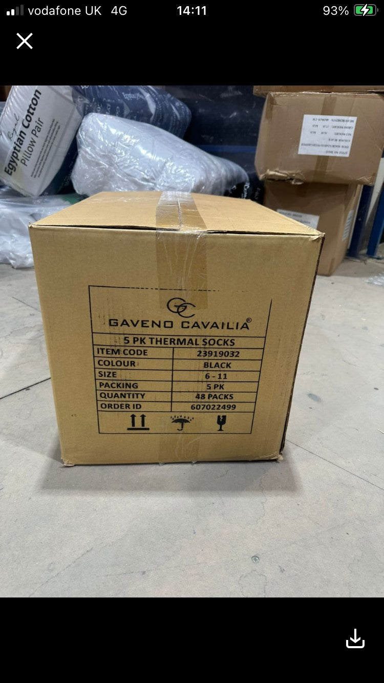 1 PALLET CONTAINING 1200 X THERMAL SOCKS PACKS OF 5 PAIRS IN BLACK.