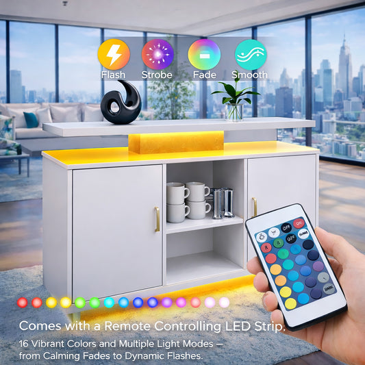 MODERN WHITE COFFEE STAND SIDEBOARD WITH LED LIGHTING | BAR CABINET | STORAGE UNIT