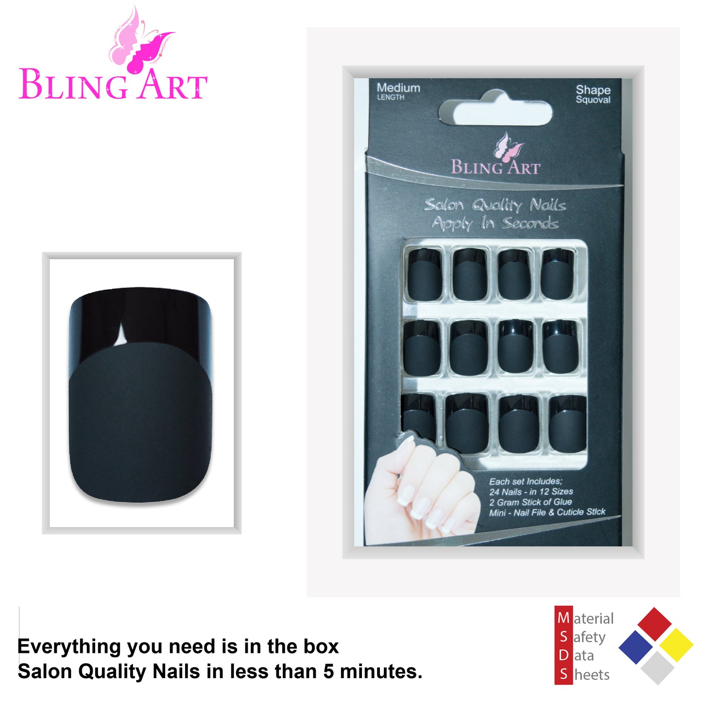 BLING ART FALSE NAILS - SQUOVAL MEDIUM - MATTE BLACK - NO GLUE INCLUDED - 500 SETS - 2 BOXES