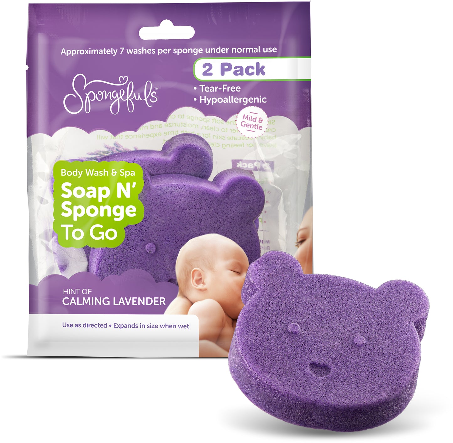 500 X SPONGEFULS GENTLE SOAP-FILLED BABY BATH SOAP N' SPONGE TO GO, 2 PK LAVENDER