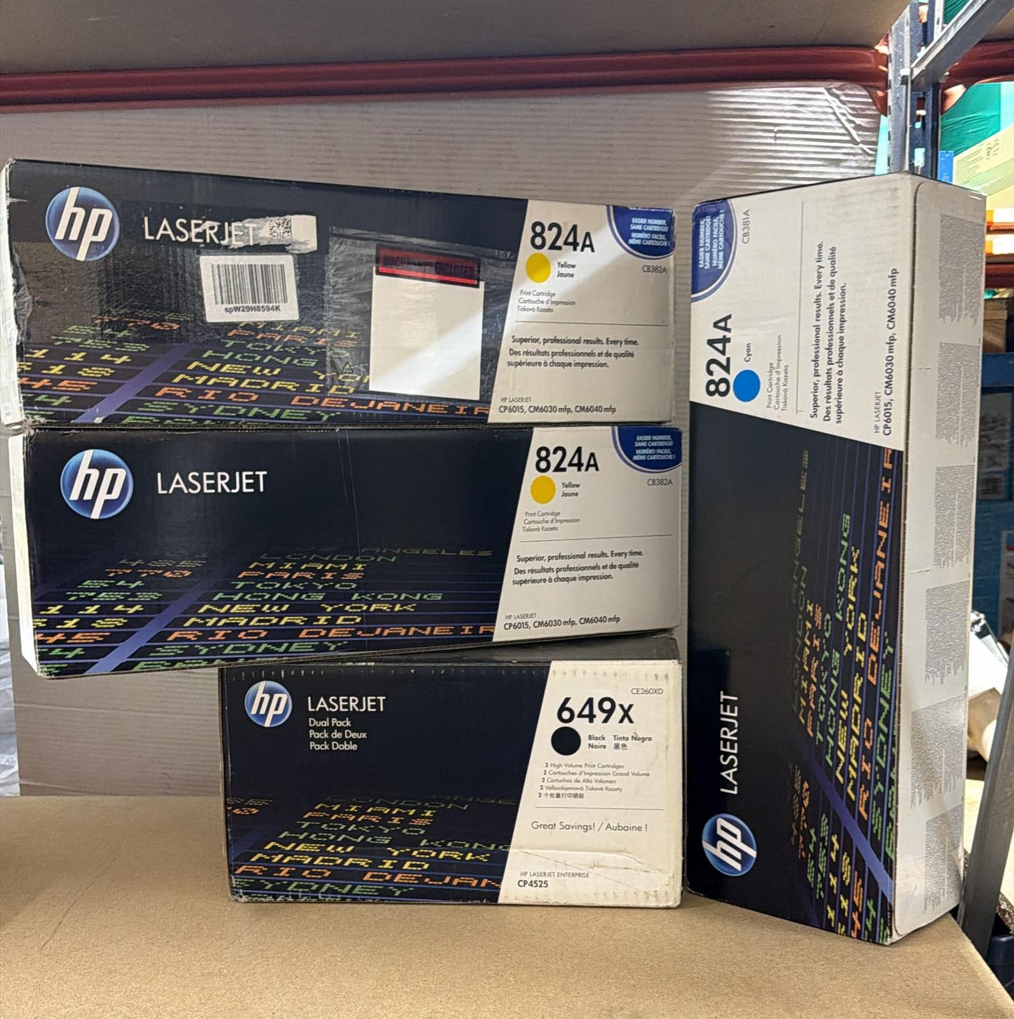 LOT OF BRAND NEW HP TONER: 2X 824A (YELLOW), 1X 824A (CYAN) & 1X 649X (BLACK DUAL PACK)