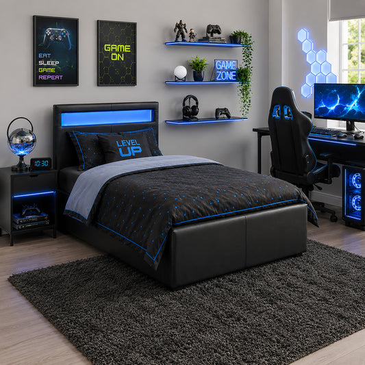 LED GAMING OTTOMAN BED SINGLE BLACK STORAGE BED FRAME WITH RGB LIGHT HEADBOARD