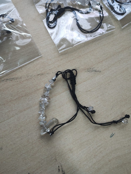 CLEAR QUARTZ CRYSTAL CHIP BLACK COTTON ADJUSTABLE BRACELET JOB LOT OF 7- BRAND NEW
