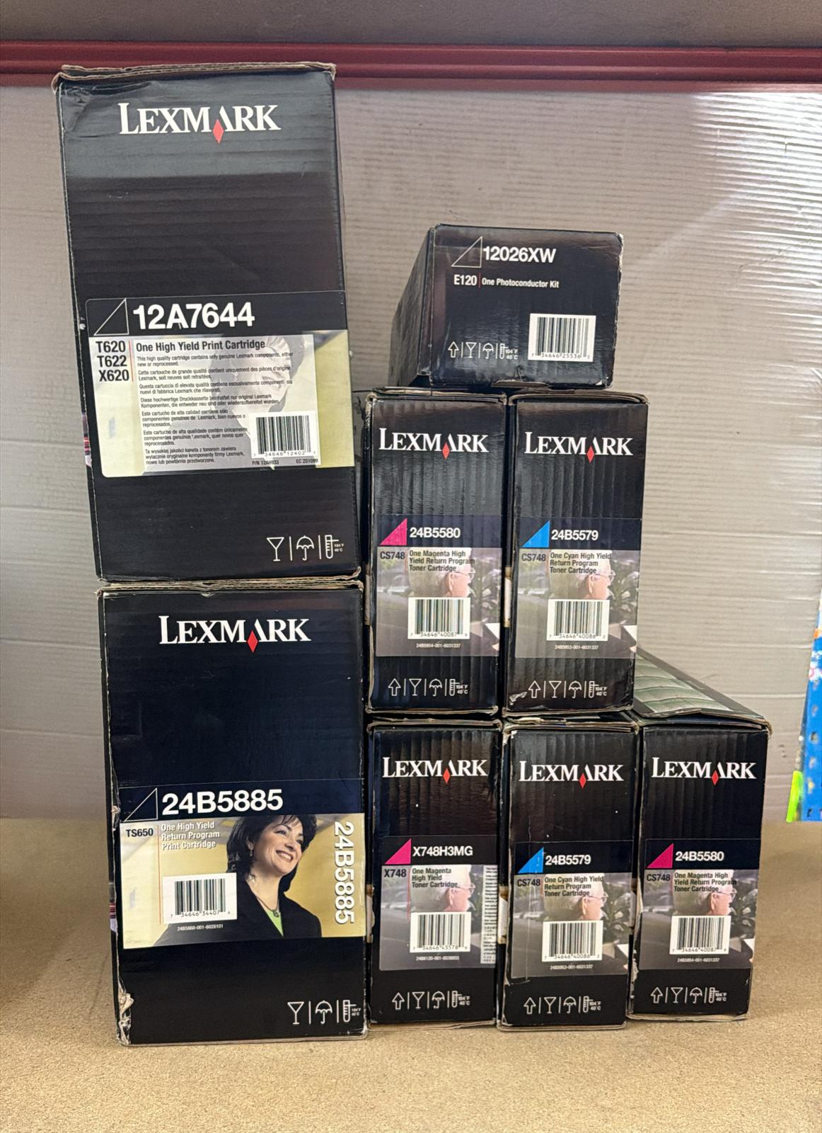 BRAND NEW LEXMARK TONER LOT: 12A7644, 24B5885, 24B5580, 24B5579, X748H3MG & E120 PHOTOCONDUCTOR