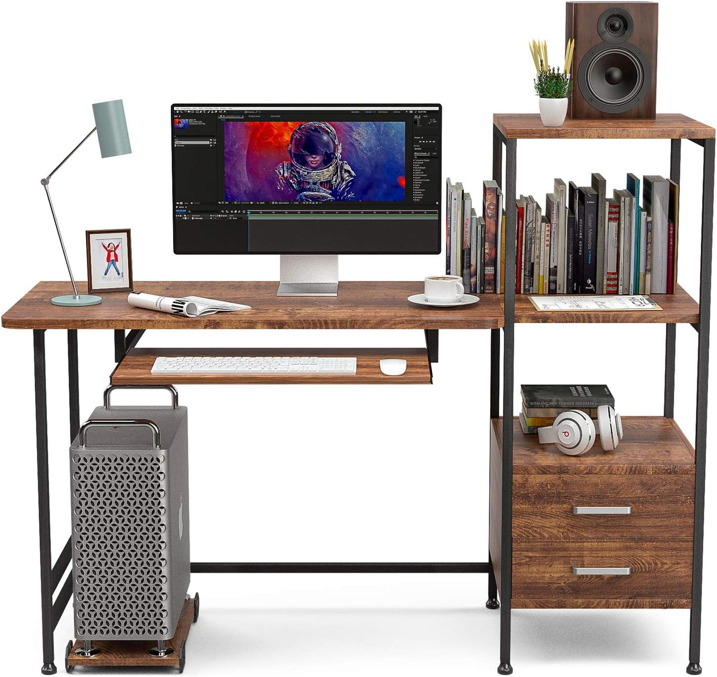 MECOR COMPUTER DESK 2 DRAWER/KEYBOARD TRAY, 55" WORKSTATION FOR HOME OFFICE WALNUT BROWN