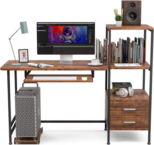 MECOR COMPUTER DESK 2 DRAWER/KEYBOARD TRAY, 55" WORKSTATION FOR HOME OFFICE WALNUT BROWN