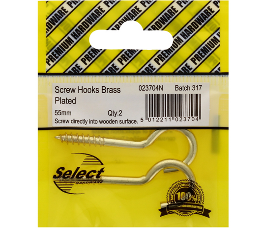 200 X SCREW HOOKS 55MM BRASS PLATED PK2