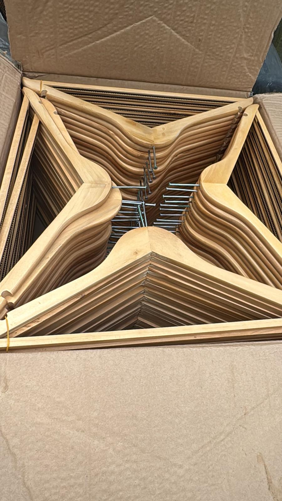 8 BOXES OF COMMERCIAL HOTEL SECURITY HANGERS – LIGHT WOOD FINISH – BRAND NEW