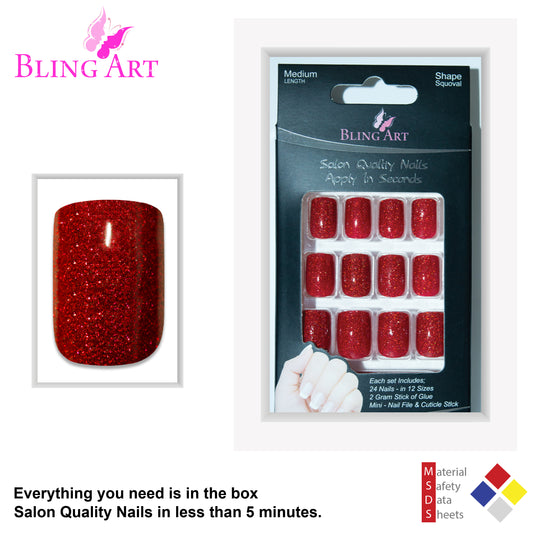 BLING ART FALSE NAILS - SQUOVAL MEDIUM - RED GEL - NO GLUE INCLUDED - 250 SETS - 1 BOX