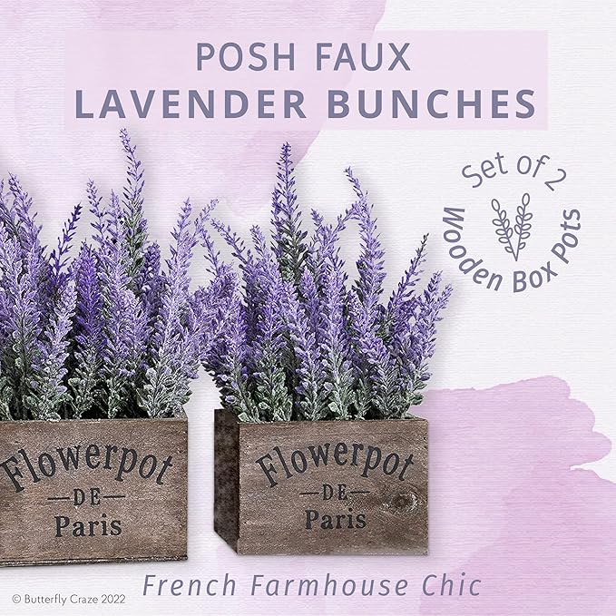 12 SETS OF 2 ARTIFICIAL LAVENDER PLANTS IN WOODEN POTS PURPLE FLOWER FAKE FAUX