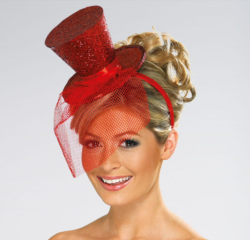 96 X MINI GLITTER TOP HAT HEADBAND RED