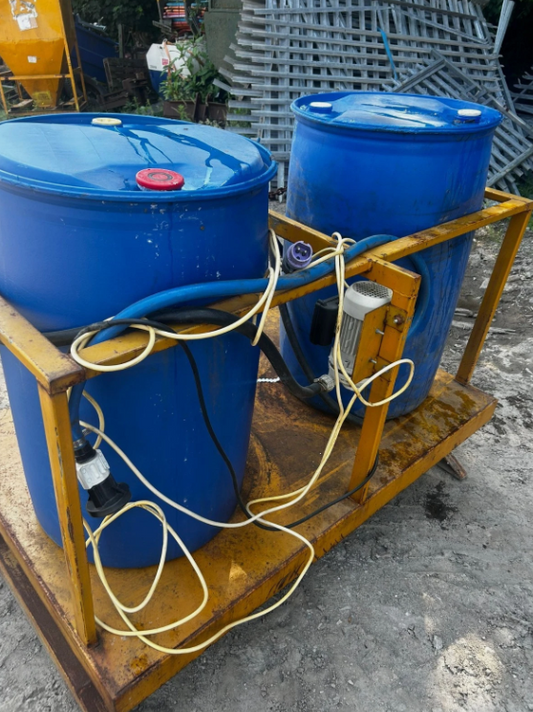 TWIN BARREL DRUM STAND WITH ELECTRIC PUMP & HOSE DISPENSER