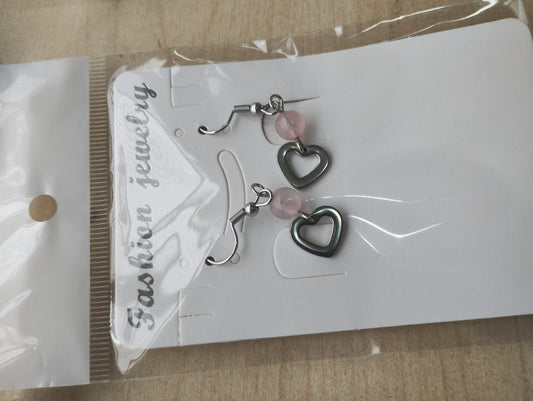 STAINLESS STEEL ROSE QUARTZ HANGING HEART EARRING SETS JOBLOT OF 15 - BRAND NEW
