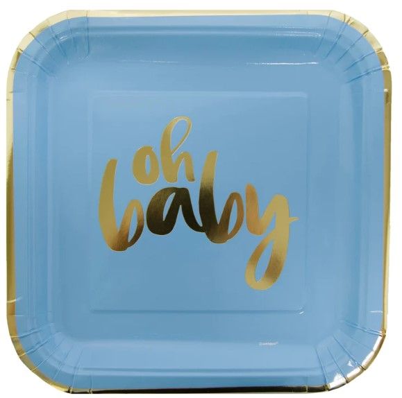 100 PACKS OH BABY SHOWER PAPER PLATES, 9 INC BLUE AND GOLD, (8 PER PACK), RRP £700