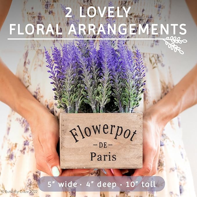12 SETS OF 2 ARTIFICIAL LAVENDER PLANTS IN WOODEN POTS PURPLE FLOWER FAKE FAUX
