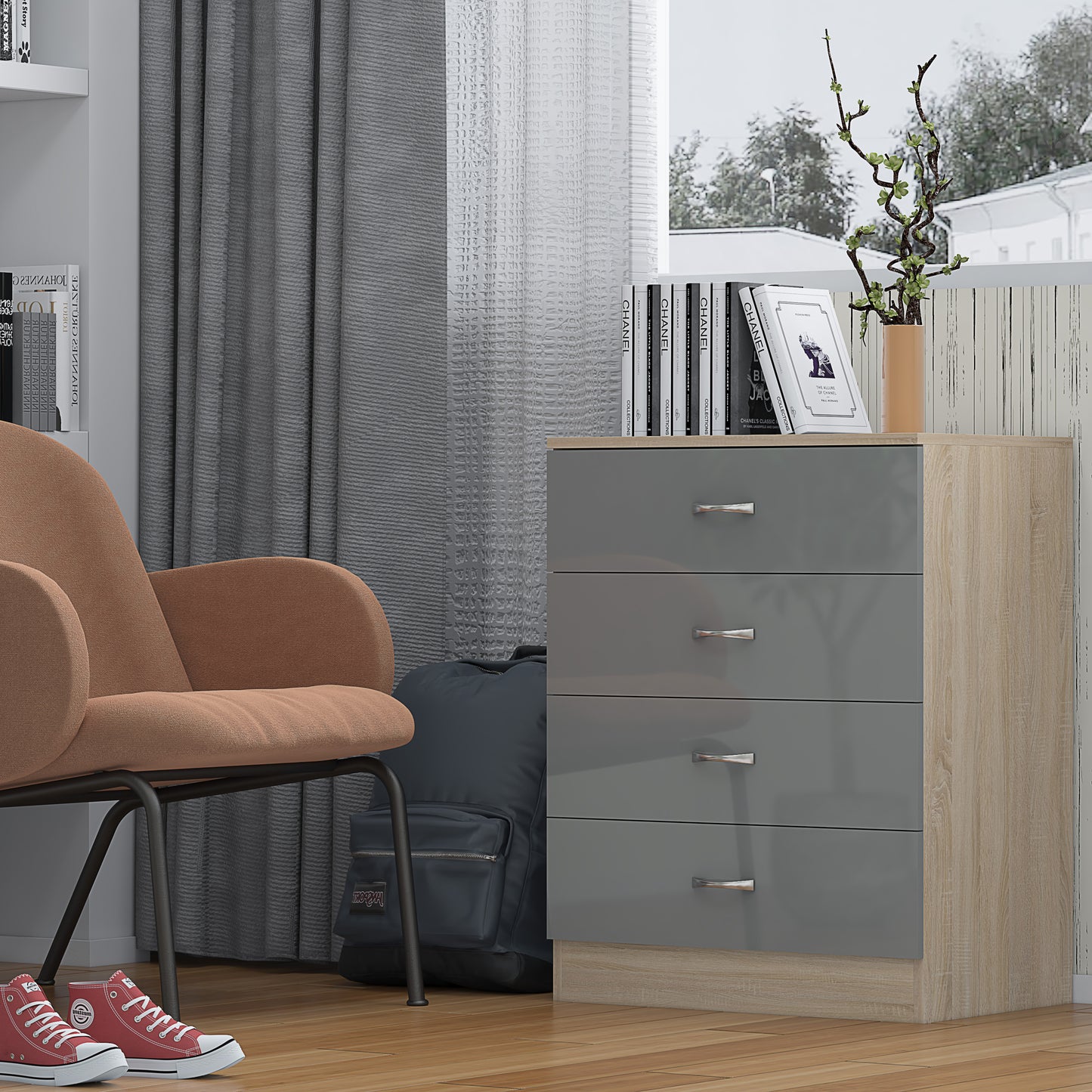 STUNNING CHEST OF DRAWERS X 2 - HIGH GLOSS GREY ON SONOMA OAK FRAME