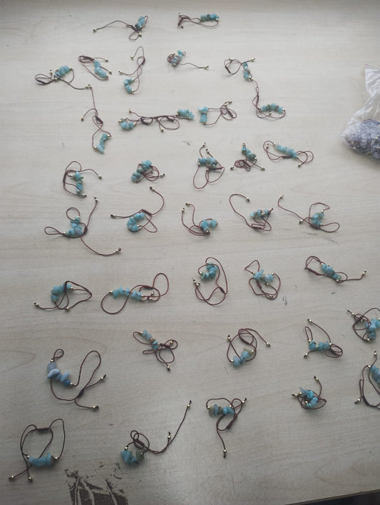 AQUAMARINE CRYSTAL CHIP BROWN COTTON ADJUSTABLE BRACELET JOB LOT OF 37- BRAND NEW