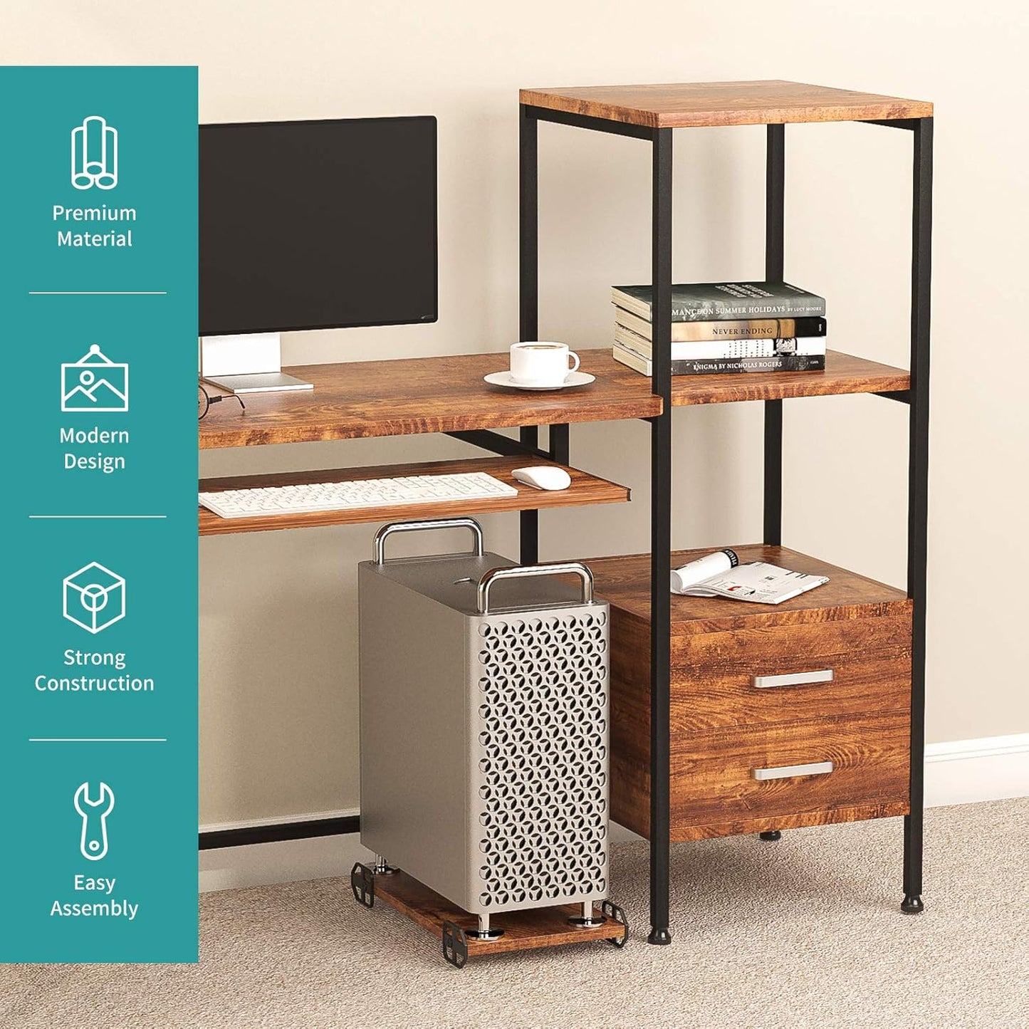 MECOR COMPUTER DESK 2 DRAWER/KEYBOARD TRAY, 55" WORKSTATION FOR HOME OFFICE WALNUT BROWN