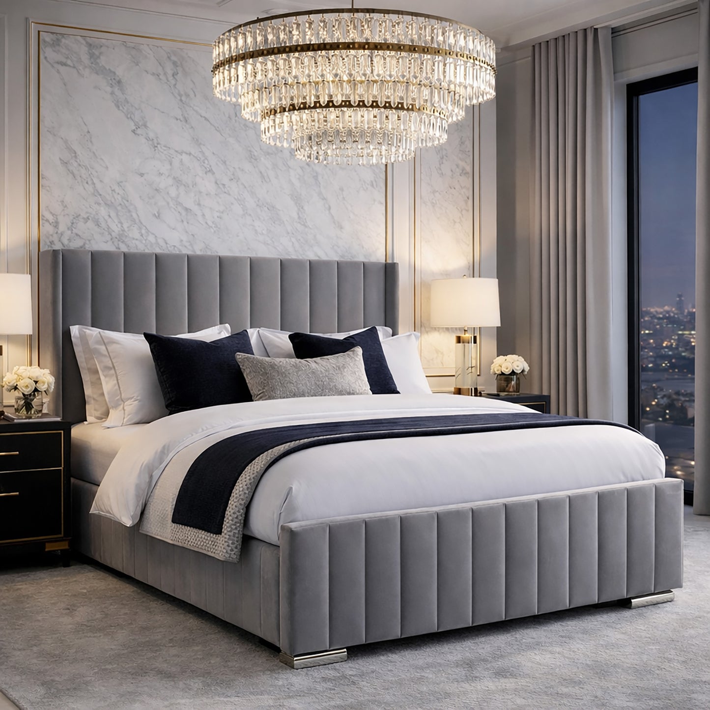 LUXURY 6FT SUPER KING SIZED GREY PLUSH VELVET OTTOMAN WINGED BED RRP £599.99