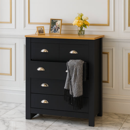 BLACK 5 DRAWER CHEST WITH OAK COLOURED TOP