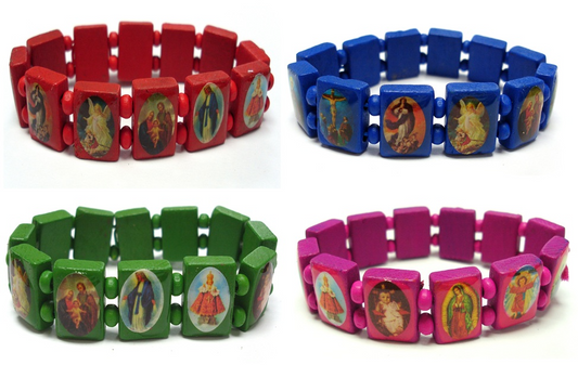 40 X WOODEN SAINTS BRACELET 12PK ASST