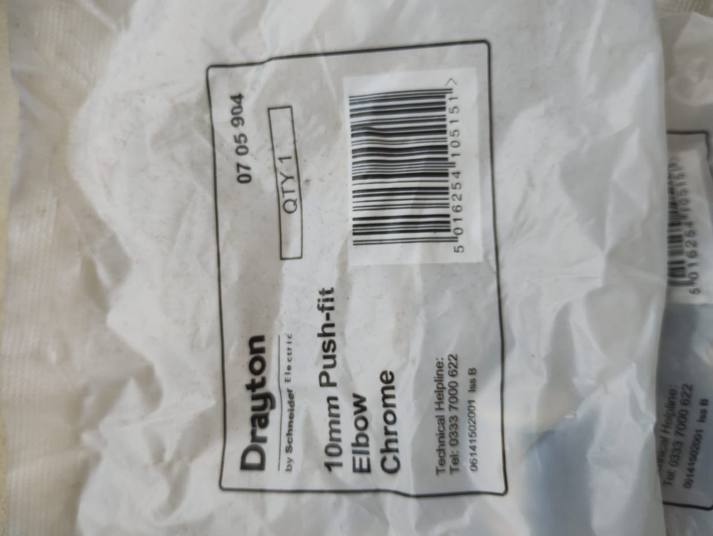 DRAYTON 10MM PUSH FIT ELBOW CHROME - QTY 1 - 0705904 - JOBLOT OF 30 PACKS - NEW
