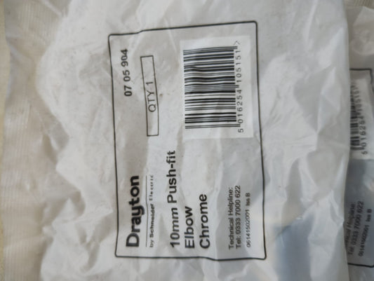 DRAYTON 10MM PUSH FIT ELBOW CHROME - QTY 1 - 0705904 - JOBLOT OF 30 PACKS - NEW