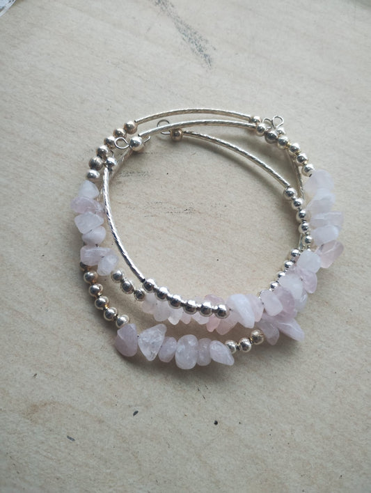 ROSE QUARTZ - GEMSTONE CRYSTAL CHIP - TRIPLE BRACELETS - STAINLESS STEEL - - JOBLOT OF 13