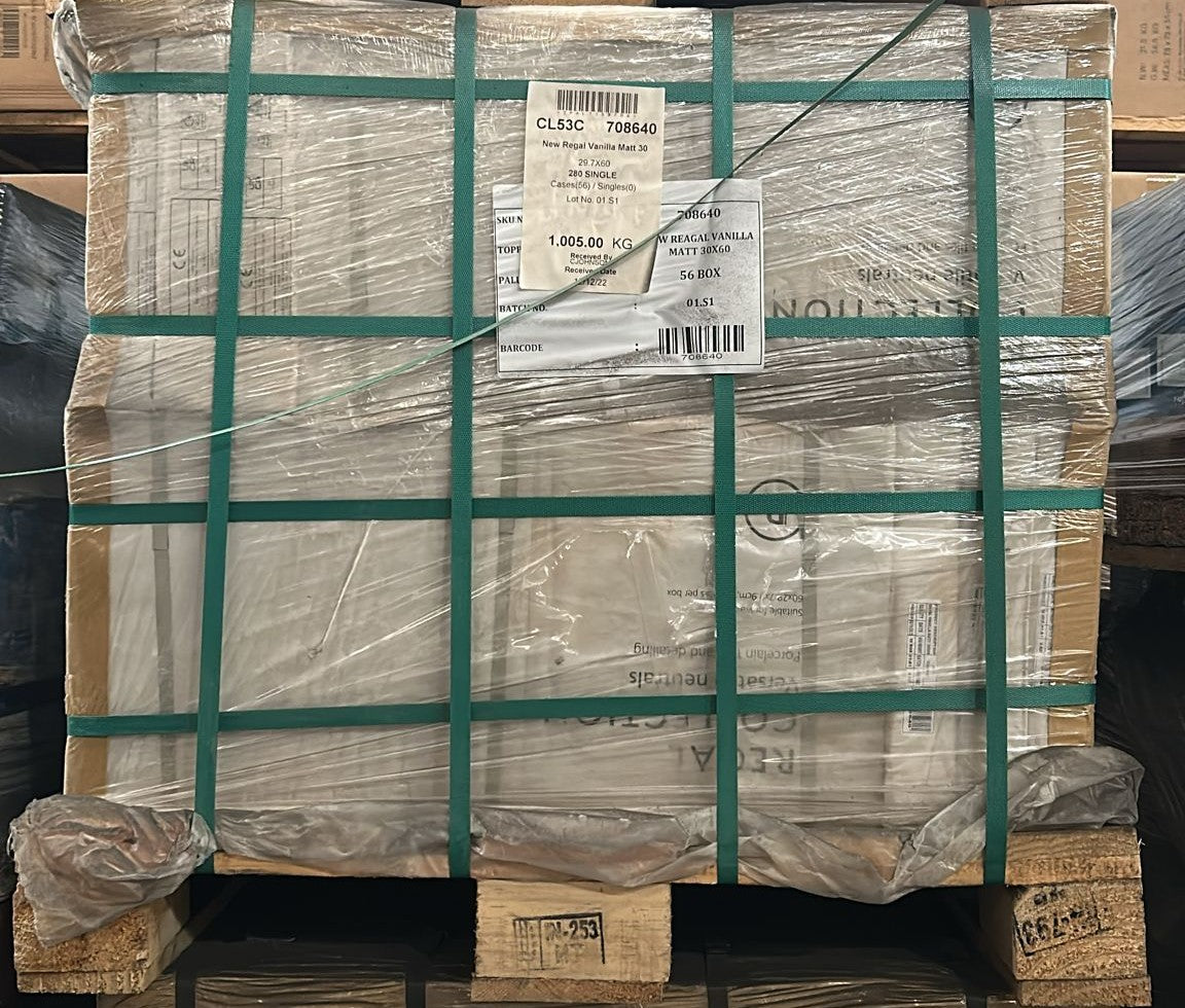 56 BXS (ONE PALLET) NEW REGAL VANILLA MATT PORCELAIN WALL & FLOOR TILES 30 X 60CM.
