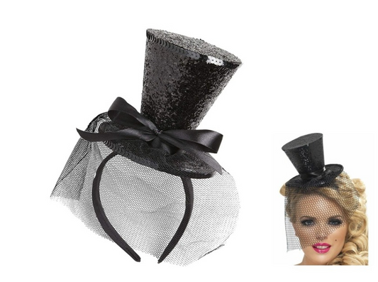 96 X MINI GLITTER TOP HAT HEADBAND BLACK