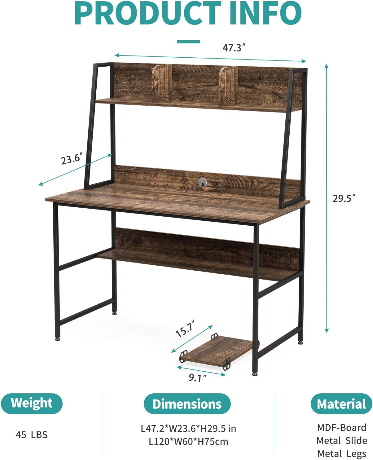 MECOR COMPUTER DESK STUDY FOR HOME OFFICE STORAGE BOOKSHELF AND CPU STAND WALNUT BROWN