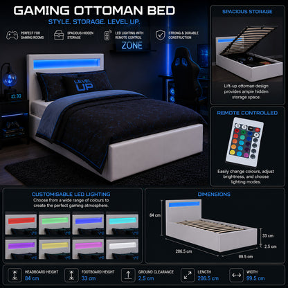 LED GAMING OTTOMAN BED SINGLE WHITE STORAGE BED FRAME WITH RGB LIGHT HEADBOARD
