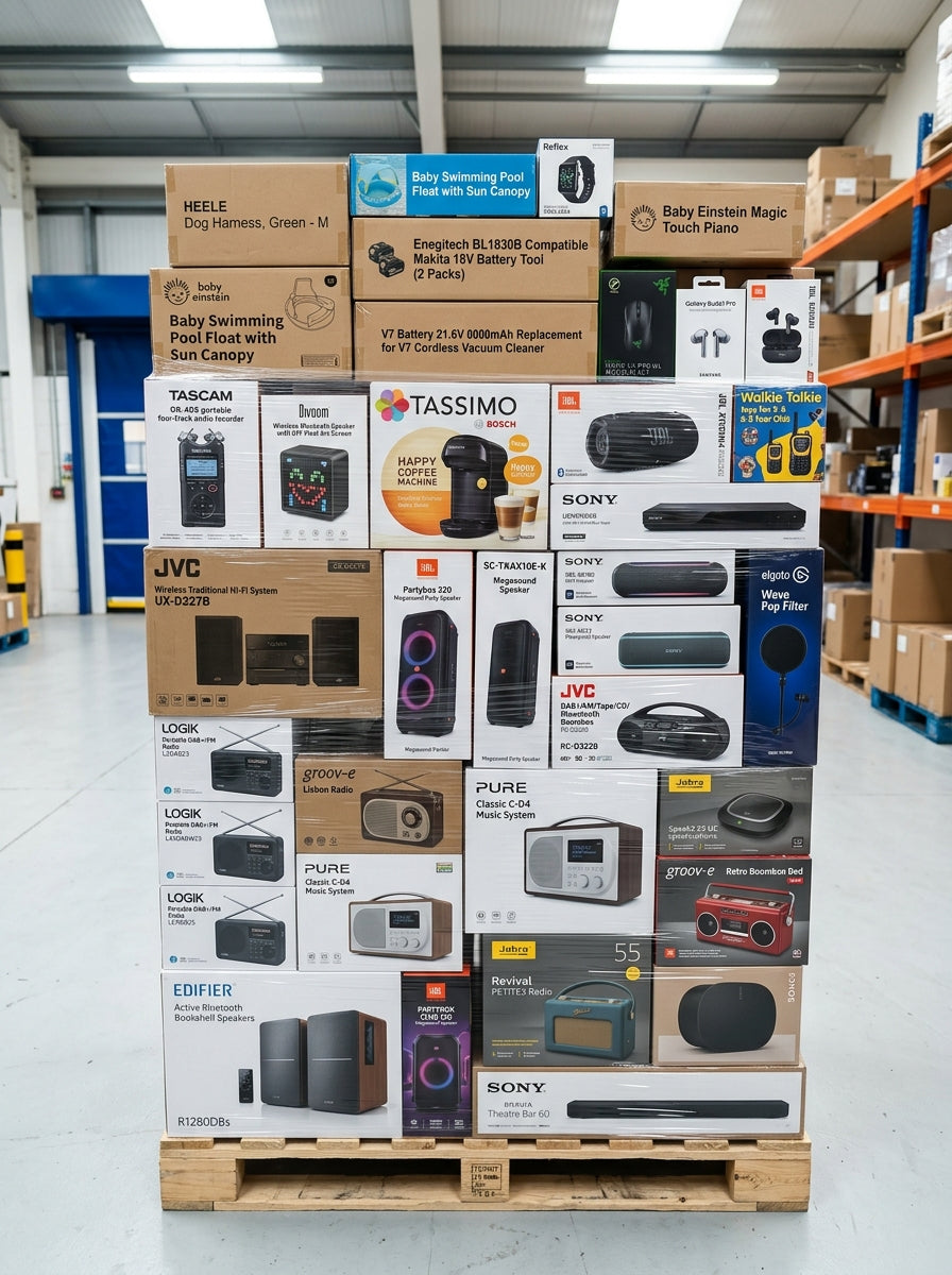 80+ MIXED BRAND CUSTOMER RETURNS – JBL SPEAKERS, SONY BLU‑RAY, JVC RADIOS, LOGIK DAB RADIOS & MORE