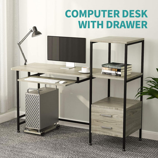 MECOR COMPUTER DESK 2 DRAWER/KEYBOARD TRAY, 55" WORKSTATION FOR HOME OFFICE (OAK GREY)