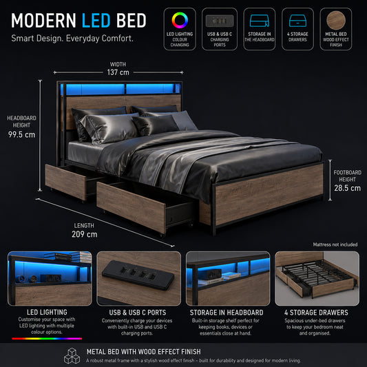 MODERN DOUBLE BED FRAME WITH LED LIGHTING, CHARGING PORTS, STORAGE DRAWERS