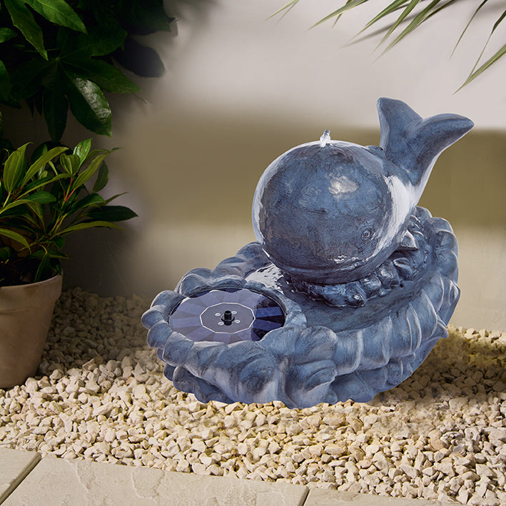 WATER FEATURE HAPPY WHALE SOLAR DUAL POWER GARDEN WITH LED LIGHTS