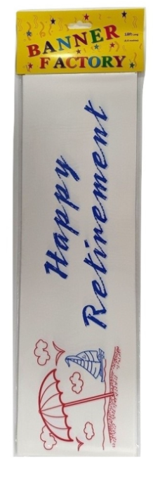 100 X HAPPY RETIREMENT BANNER WHITE & BLUE W/CARD