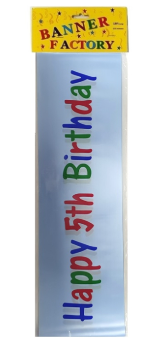 100 X HAPPY 5TH BIRTHDAY BANNER BLUE - W/CARD