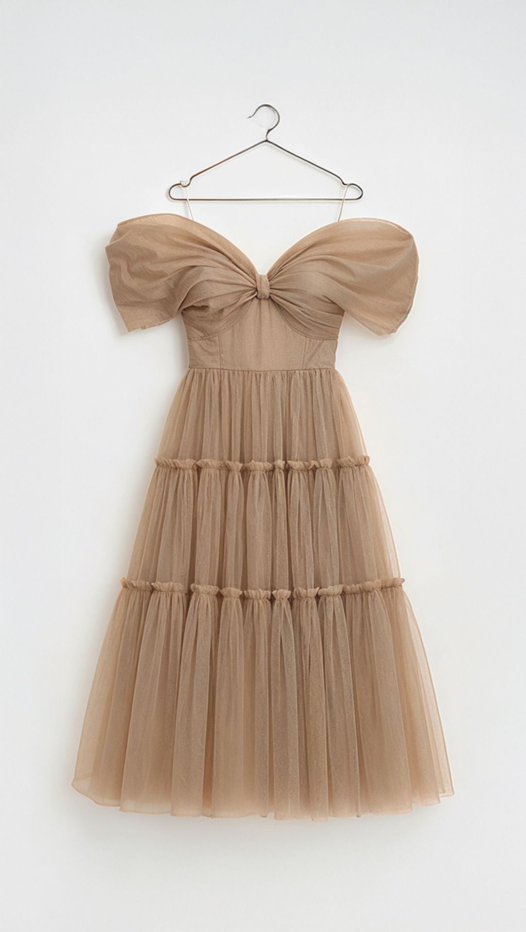 DESIGNER WHITE LABEL DRESS MIDI OFF-SHOULDER TULLE CHAMPAGNE RRP £775 SIZE 36 (S)