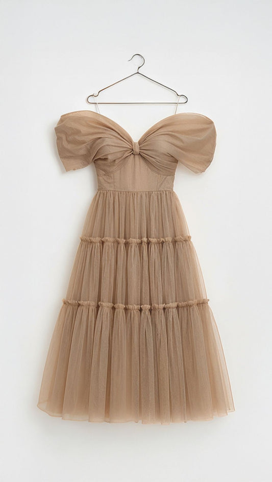 DESIGNER WHITE LABEL DRESS MIDI OFF-SHOULDER TULLE CHAMPAGNE RRP £775 SIZE 36 (S)