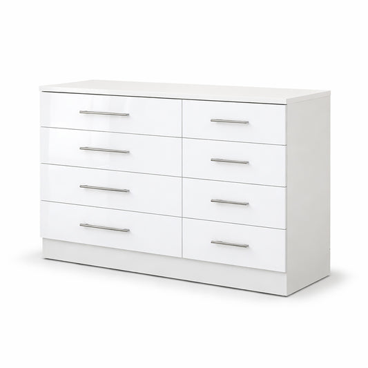 WHITE 8 DRAWER CHEST OF DRAWERS WITH PREMIUM HANDLES AND HIGH GLOSS FRONTS