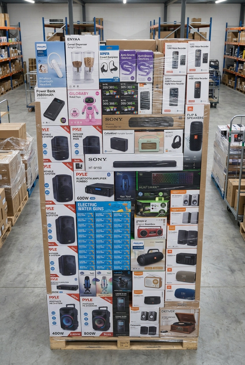 100+ PHILIPS SONY JBL PYLE CUSTOMER RETURN AUDIO EQUIPMENT LOT – BLUETOOTH SPEAKERS, HEADSETS & MORE