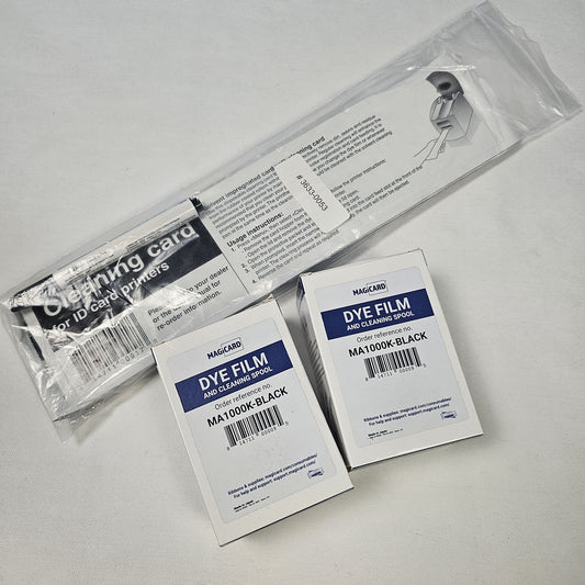 MAGICARD DYE FILM AND CLEANING SPOOL 2PCS + QUANTITY OF CLEANING CARD FOR ID CARD PRINTERS RRP £69