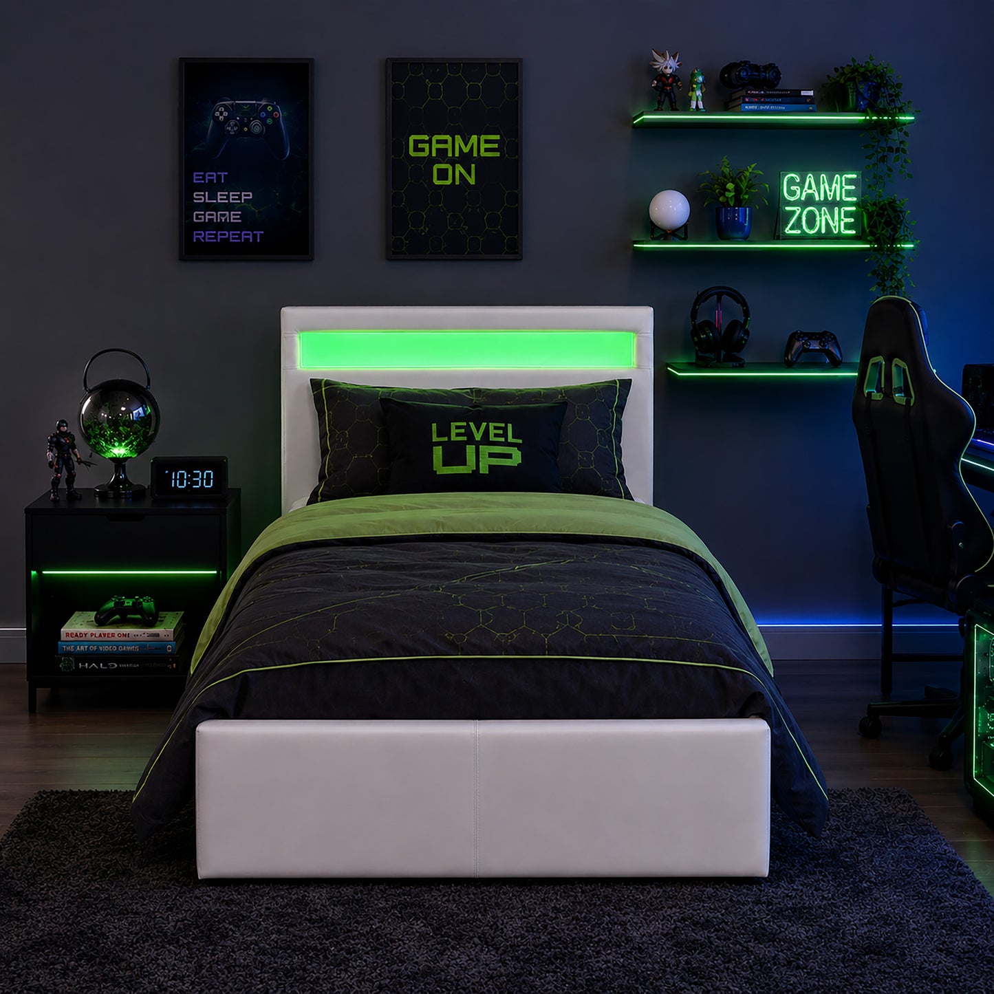LED GAMING OTTOMAN BED SINGLE WHITE STORAGE BED FRAME WITH RGB LIGHT HEADBOARD