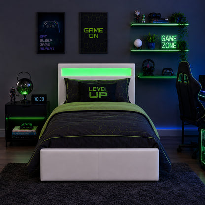 LED GAMING OTTOMAN BED SINGLE WHITE STORAGE BED FRAME WITH RGB LIGHT HEADBOARD