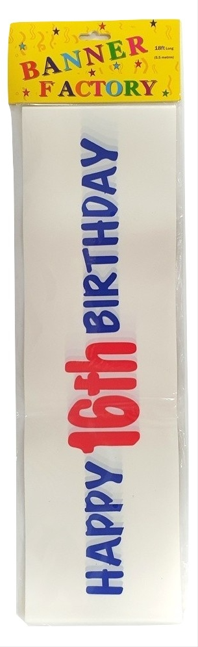 100 X HAPPY 16TH BIRTHDAY BANNER WHITE W/CARD