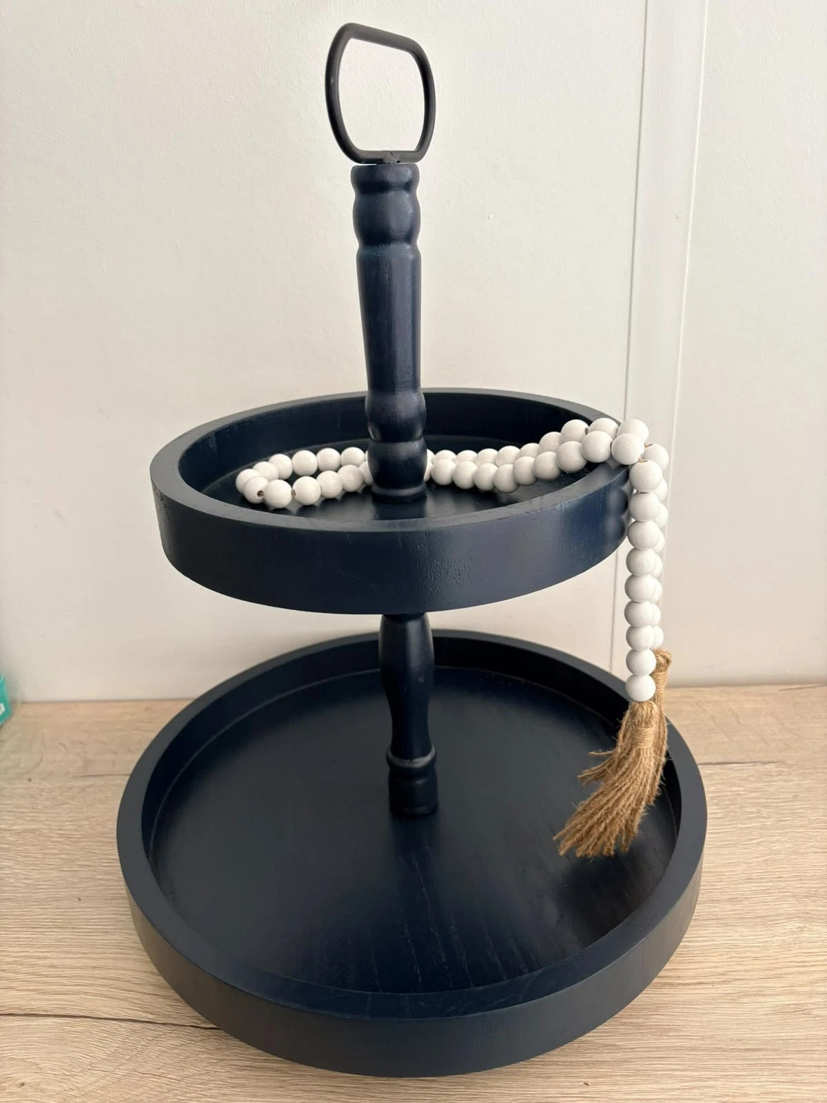 87 X DOUBLE TIERED WOOD TRAY STAND WOODEN FARMHOUSE RUSTIC 2 TIER SERVING NAVY BLUE
