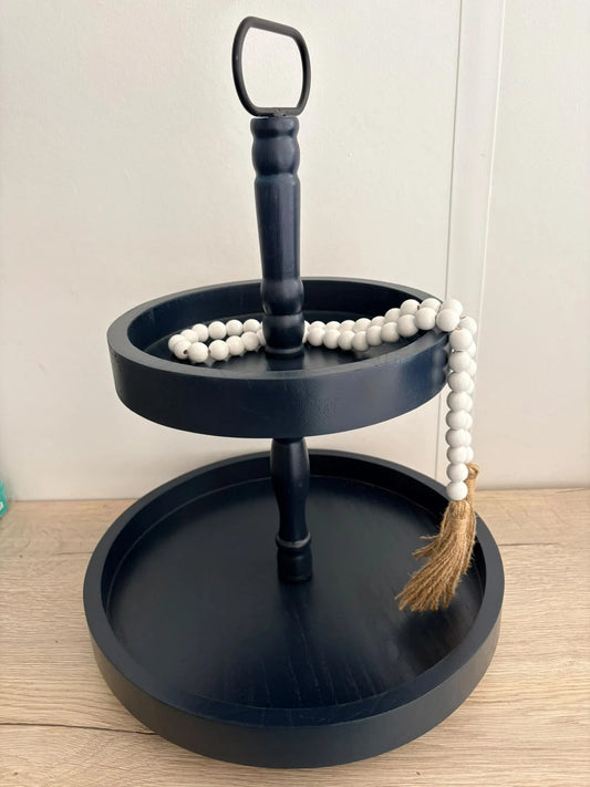 87 X DOUBLE TIERED WOOD TRAY STAND WOODEN FARMHOUSE RUSTIC 2 TIER SERVING NAVY BLUE